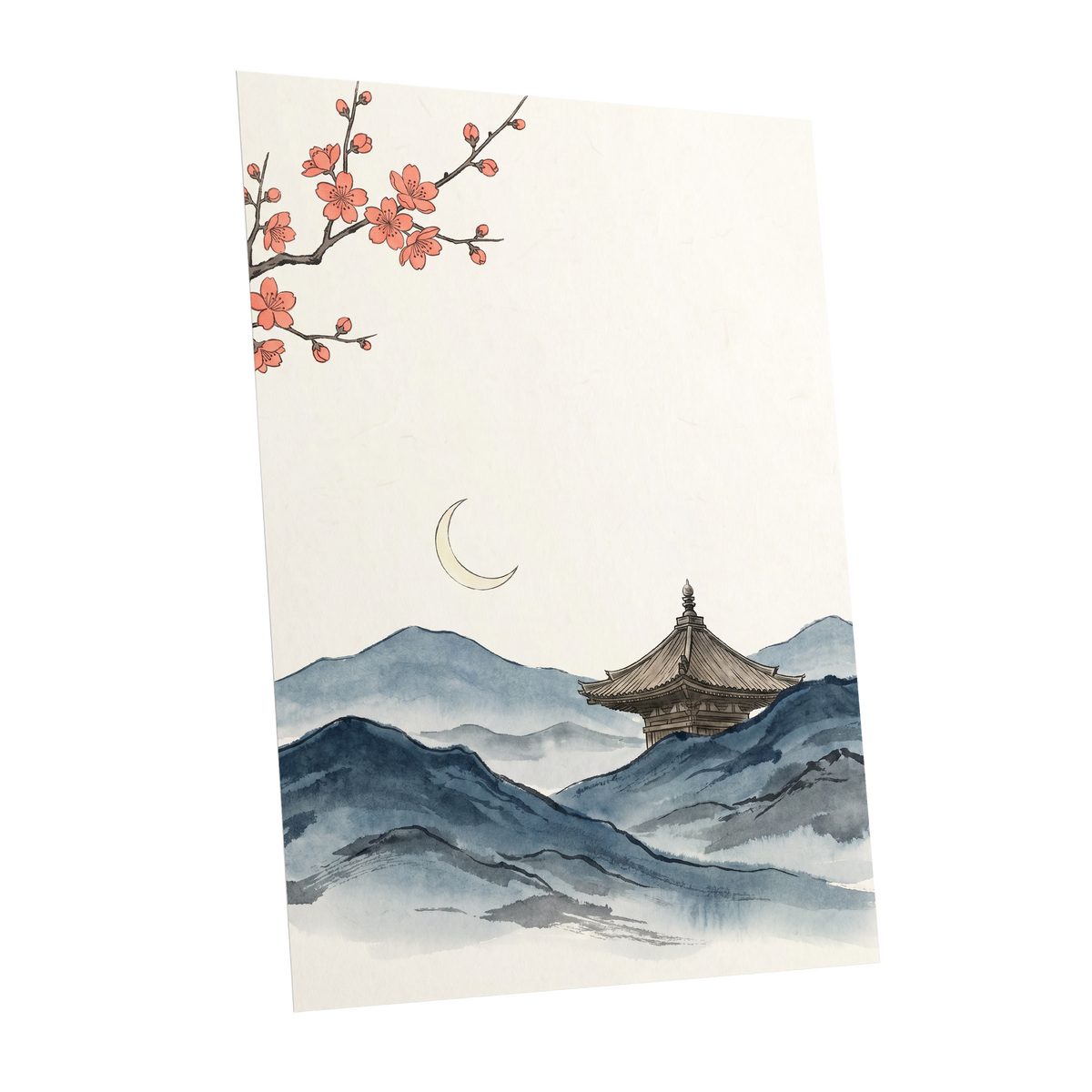 Crescent over Quiet Peaks, blue, beige, pink nature wall art shown as a unframed poster wall art print