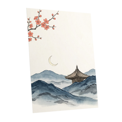 Crescent over Quiet Peaks, blue, beige, pink nature wall art shown as a unframed poster wall art print