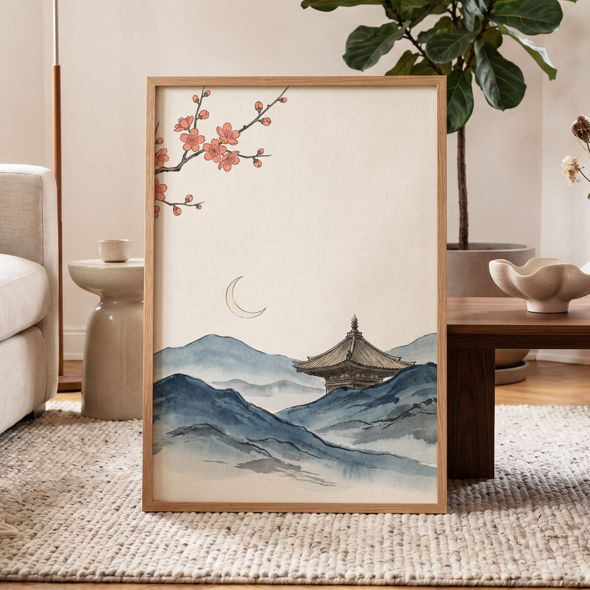 Crescent over Quiet Peaks, blue, beige, pink nature wall art displayed in a styled interior, gallery view 2