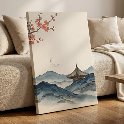 Crescent over Quiet Peaks, blue, beige, pink nature wall art displayed in a styled interior, gallery view 3