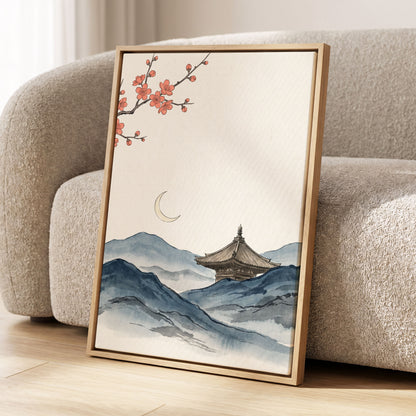 Crescent over Quiet Peaks, blue, beige, pink nature wall art displayed in a styled interior, gallery view 4