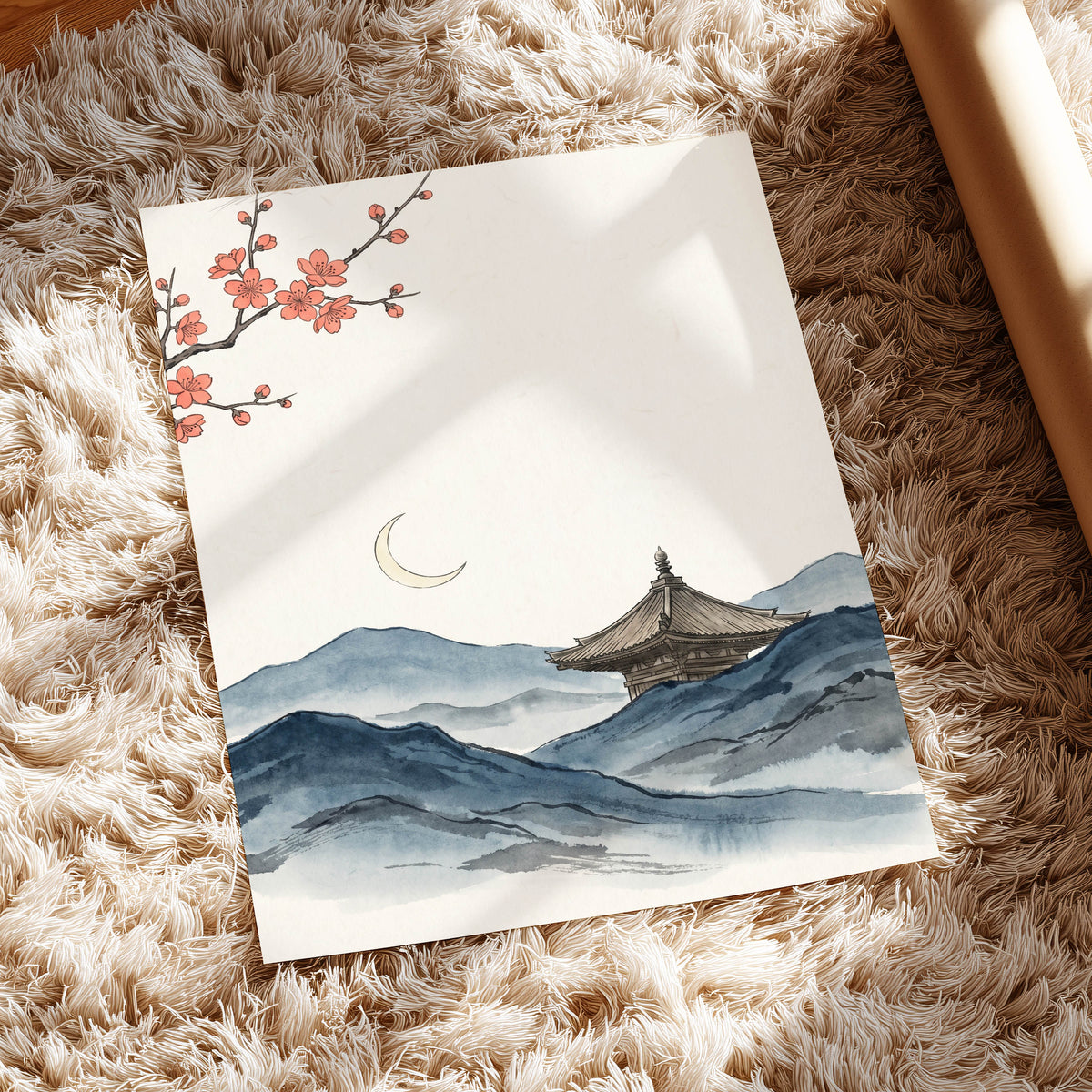 Crescent over Quiet Peaks, blue, beige, pink nature wall art displayed in a styled interior, gallery view 5