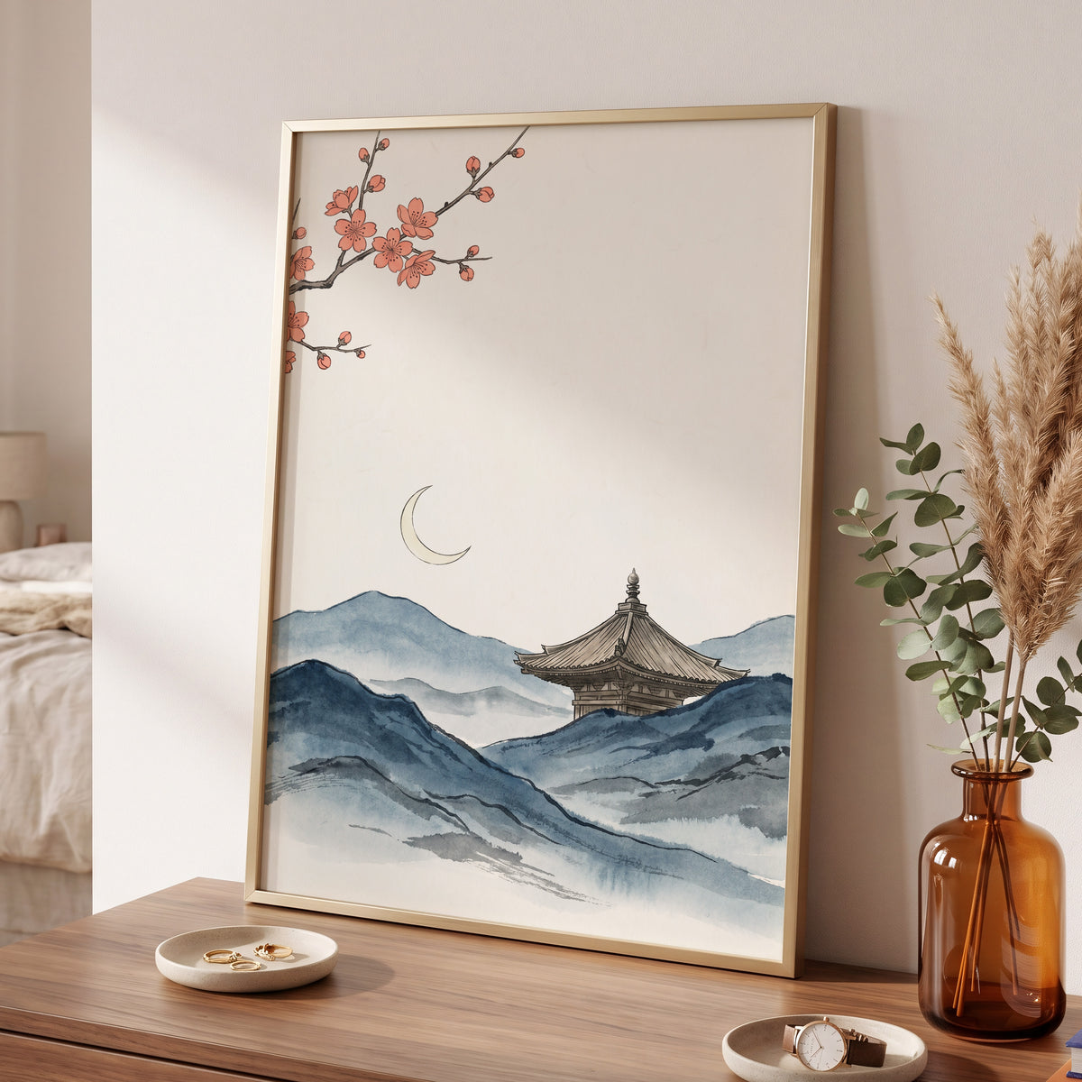 Crescent over Quiet Peaks, blue, beige, pink nature wall art displayed in a styled interior, gallery view 6