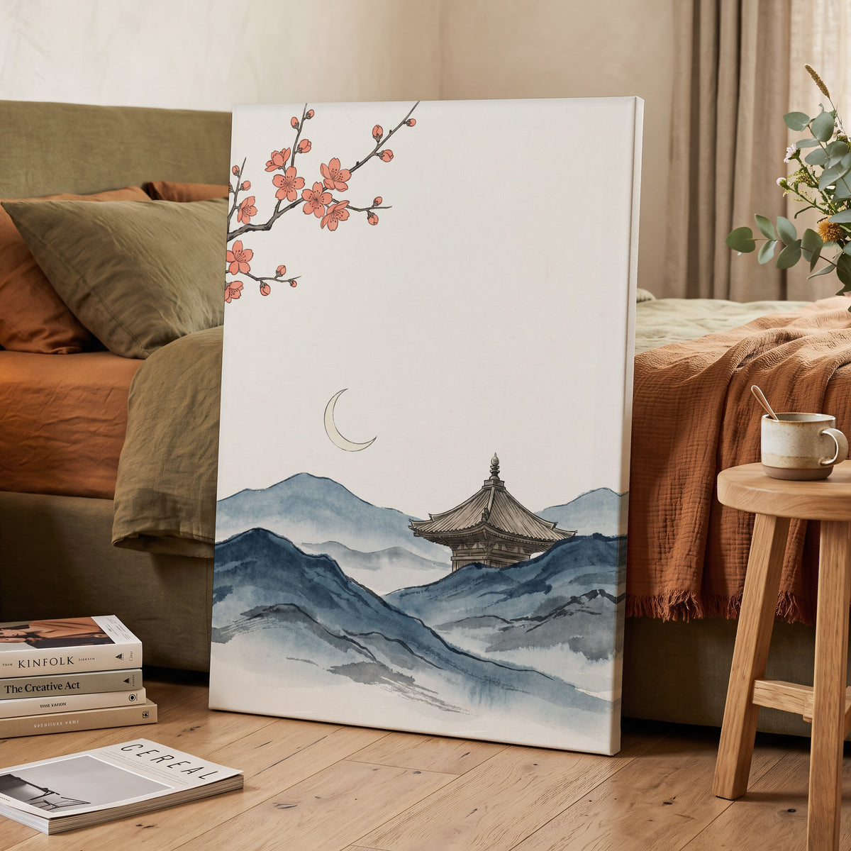 Crescent over Quiet Peaks, blue, beige, pink nature wall art displayed in a styled interior, gallery view 7