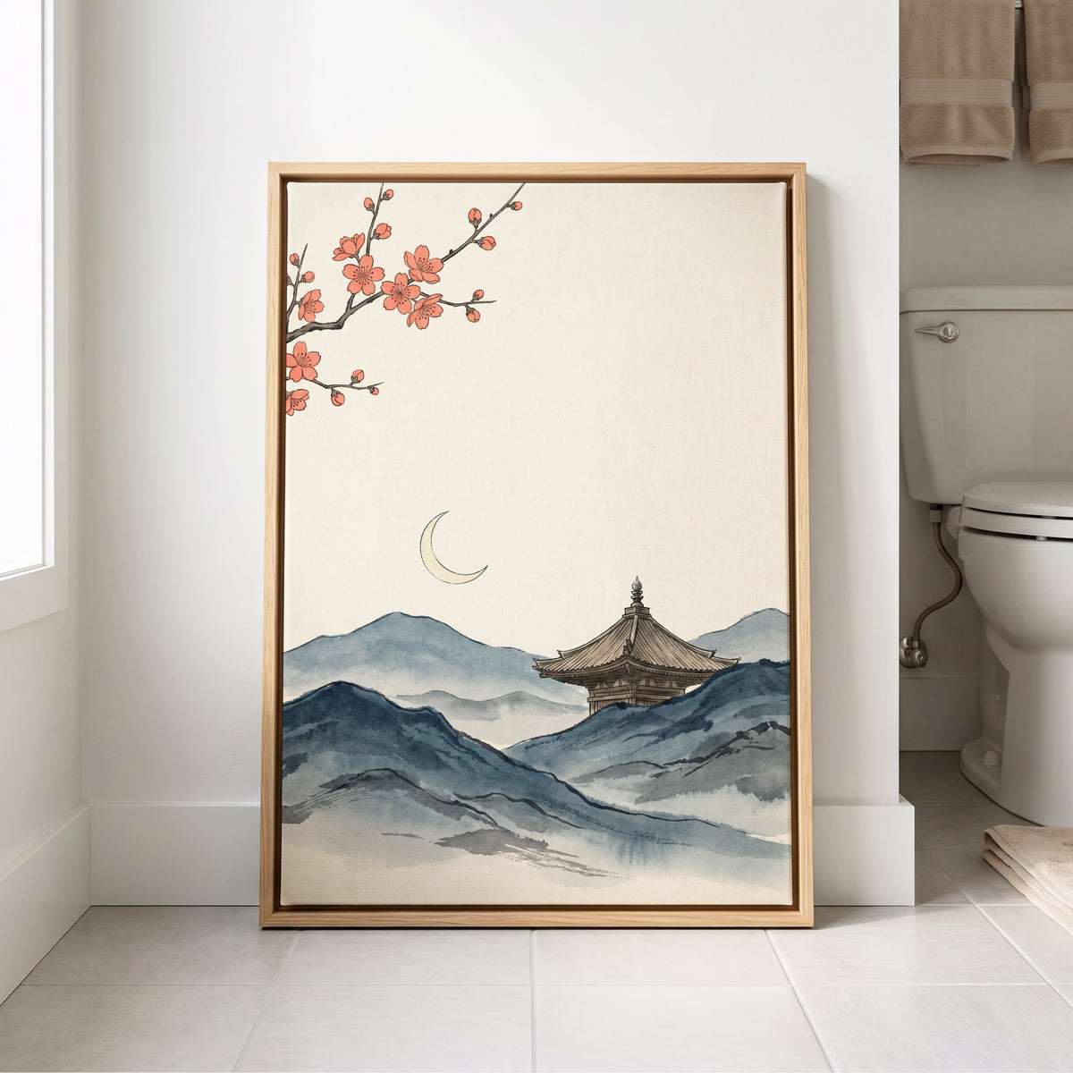 Crescent over Quiet Peaks, blue, beige, pink nature wall art displayed in a styled interior, gallery view 8