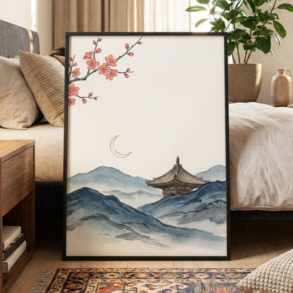 Crescent over Quiet Peaks, blue, beige, pink nature wall art displayed in a styled interior, gallery view 9