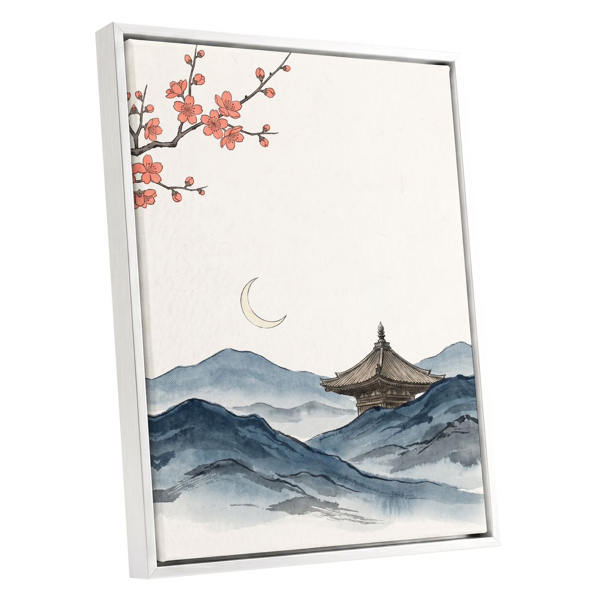 Crescent over Quiet Peaks, blue, beige, pink nature wall art shown as a white framed canvas wall art
