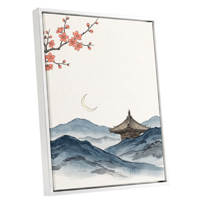Crescent over Quiet Peaks, blue, beige, pink nature wall art shown as a white framed canvas wall art