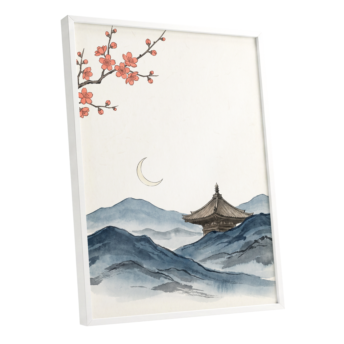 Crescent over Quiet Peaks, blue, beige, pink nature wall art shown as a white framed poster wall art print