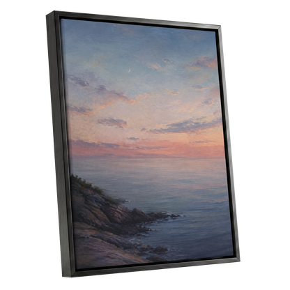 Crescent Over Quiet Waters, blue, pink, orange nature wall art shown as a black framed canvas wall art