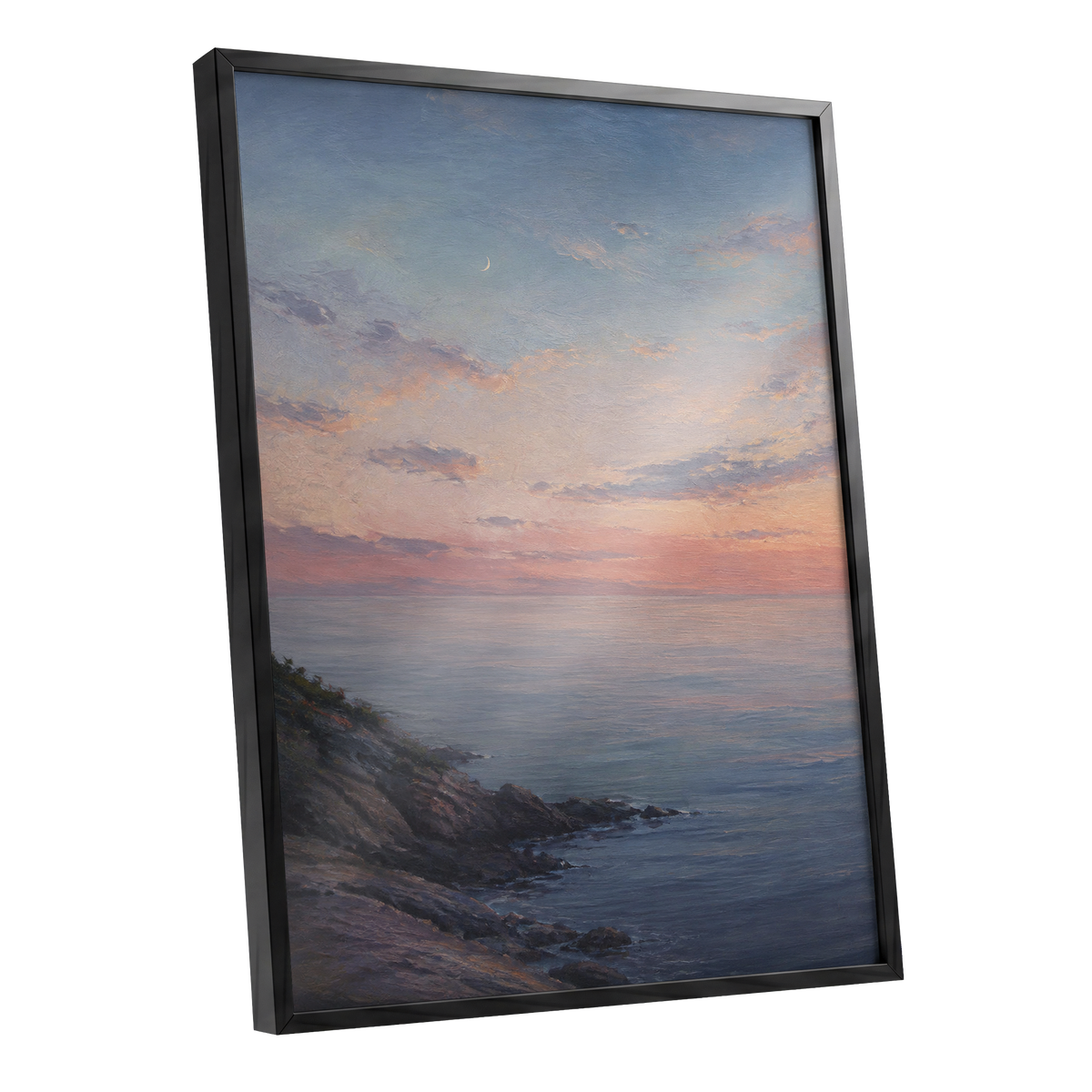 Crescent Over Quiet Waters, blue, pink, orange nature wall art shown as a black framed poster wall art print