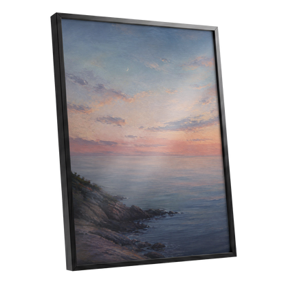 Crescent Over Quiet Waters, blue, pink, orange nature wall art shown as a black framed poster wall art print