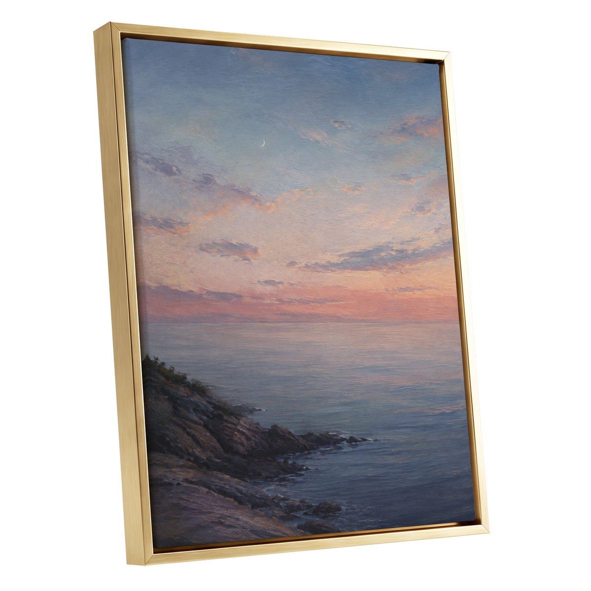 Crescent Over Quiet Waters, blue, pink, orange nature wall art shown as a gold framed canvas wall art