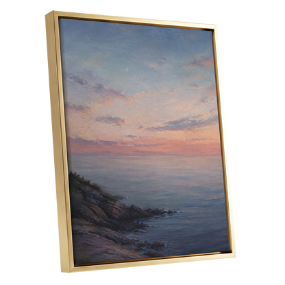 Crescent Over Quiet Waters, blue, pink, orange nature wall art shown as a gold framed canvas wall art