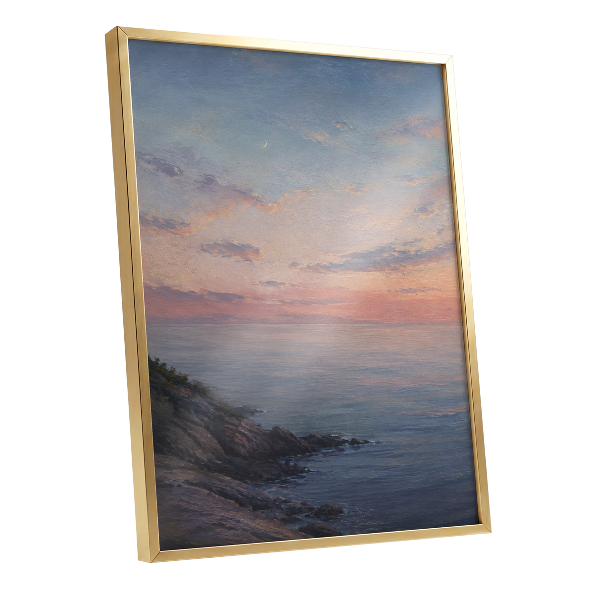 Crescent Over Quiet Waters, blue, pink, orange nature wall art shown as a gold framed poster wall art print