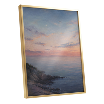 Crescent Over Quiet Waters, blue, pink, orange nature wall art shown as a gold framed poster wall art print