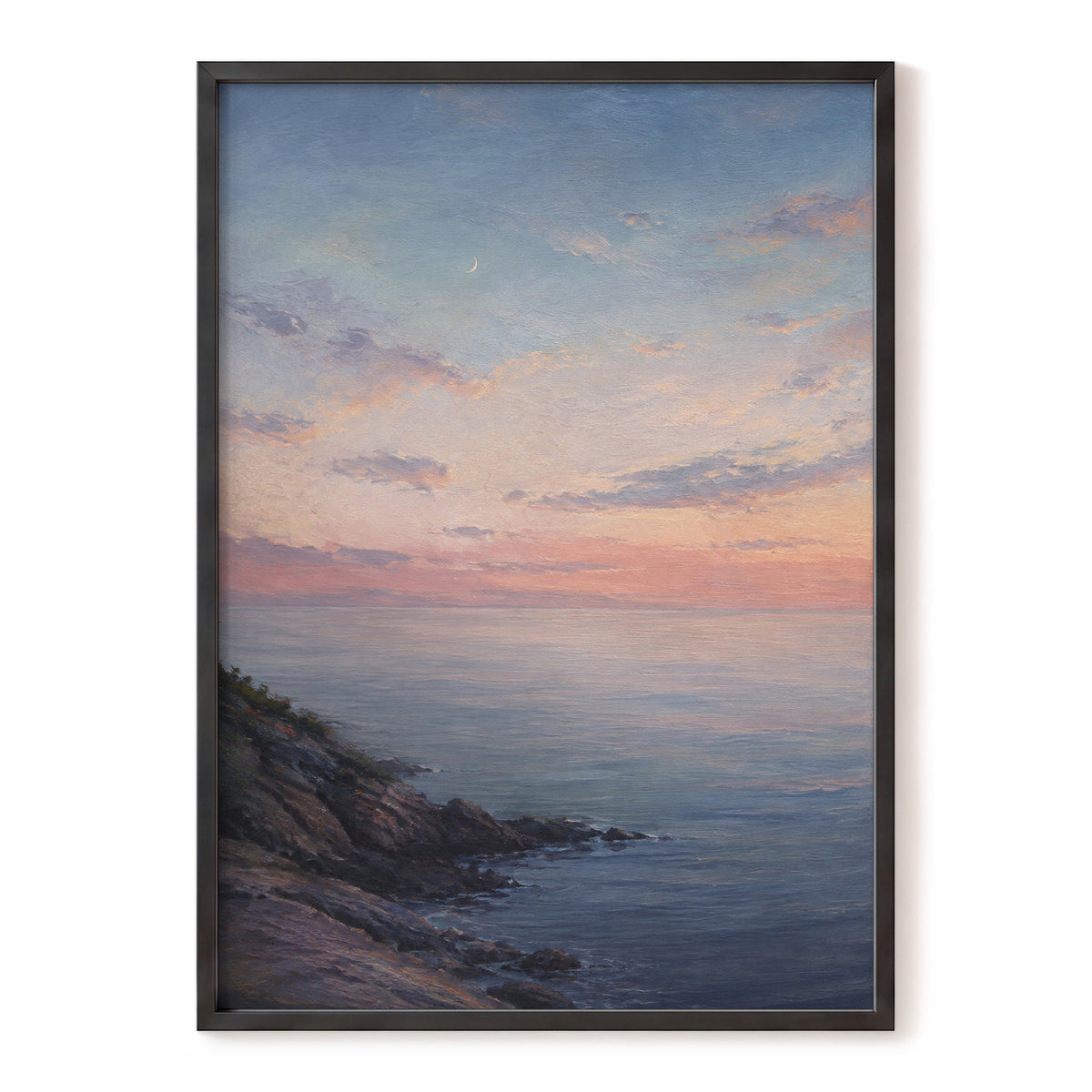 Crescent Over Quiet Waters, blue, pink, orange nature wall art, front artwork view