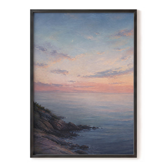 Crescent Over Quiet Waters, blue, pink, orange nature wall art, front artwork view