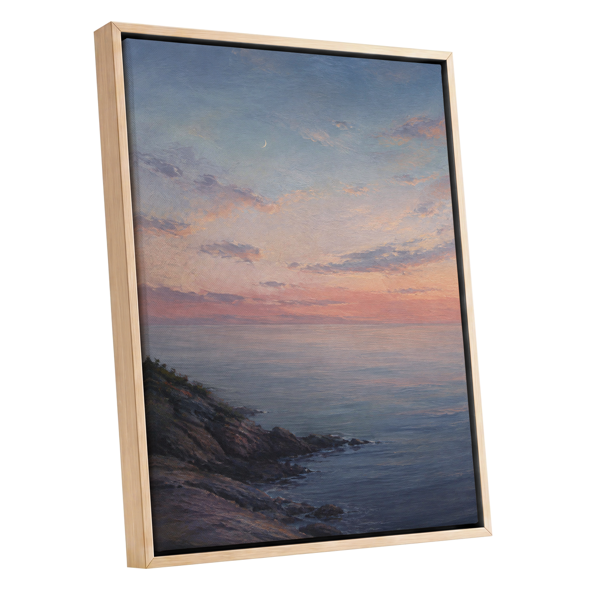 Crescent Over Quiet Waters, blue, pink, orange nature wall art shown as a oak framed canvas wall art