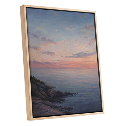 Crescent Over Quiet Waters, blue, pink, orange nature wall art shown as a oak framed canvas wall art
