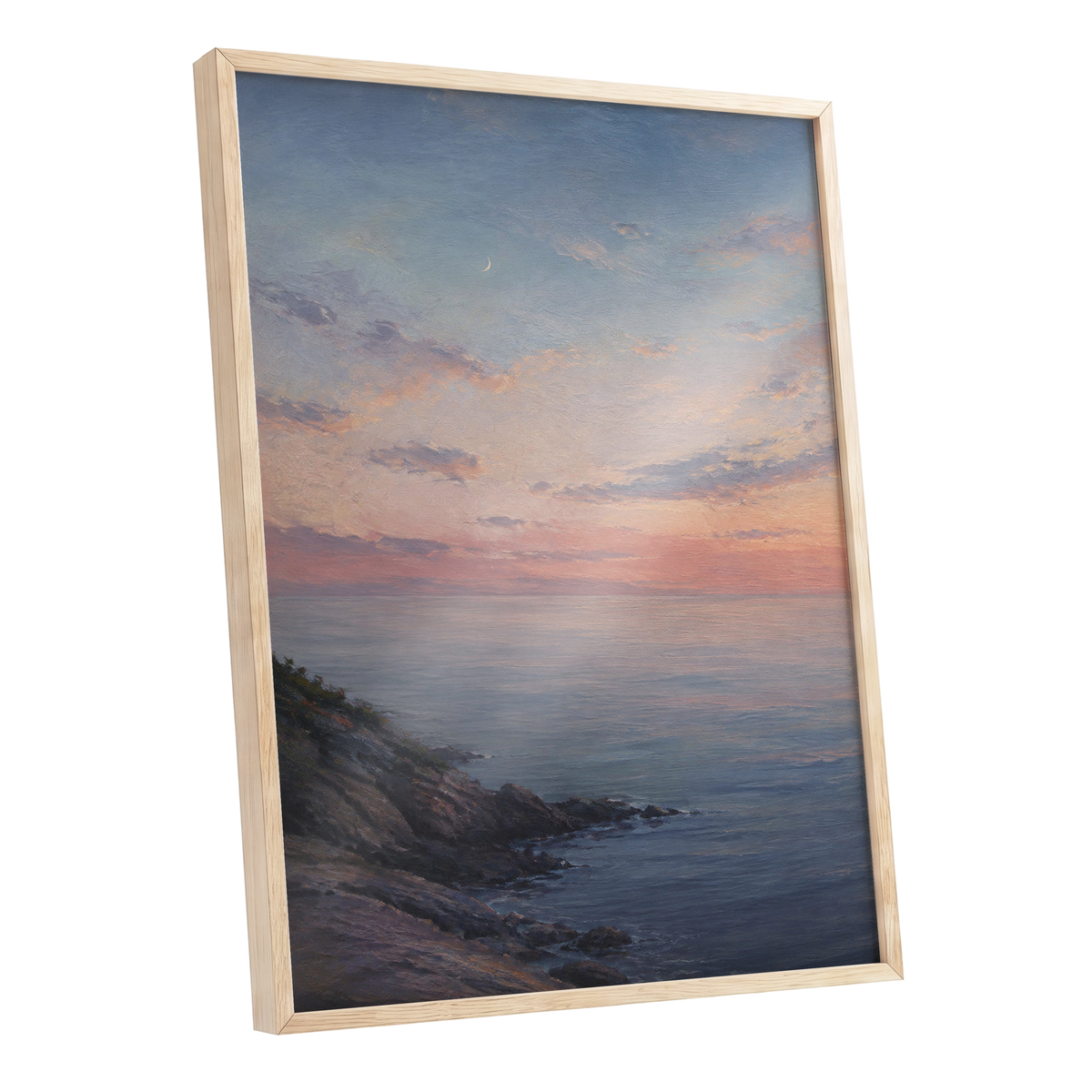 Crescent Over Quiet Waters, blue, pink, orange nature wall art shown as a oak framed poster wall art print