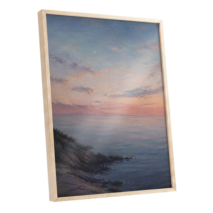 Crescent Over Quiet Waters, blue, pink, orange nature wall art shown as a oak framed poster wall art print