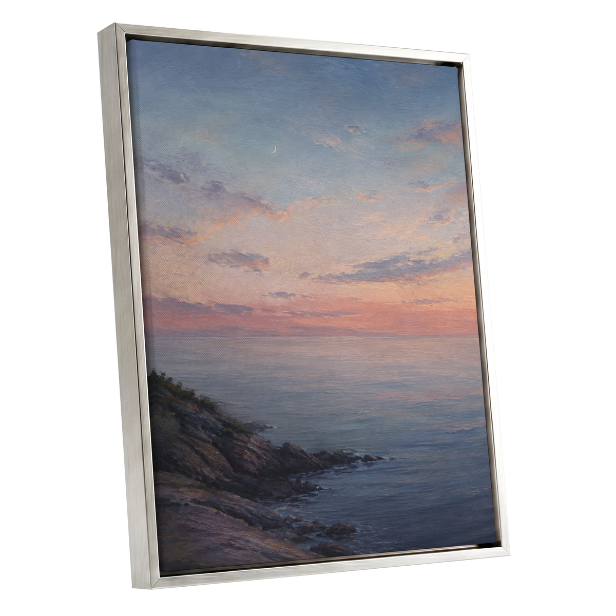 Crescent Over Quiet Waters, blue, pink, orange nature wall art shown as a silver framed canvas wall art