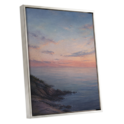 Crescent Over Quiet Waters, blue, pink, orange nature wall art shown as a silver framed canvas wall art