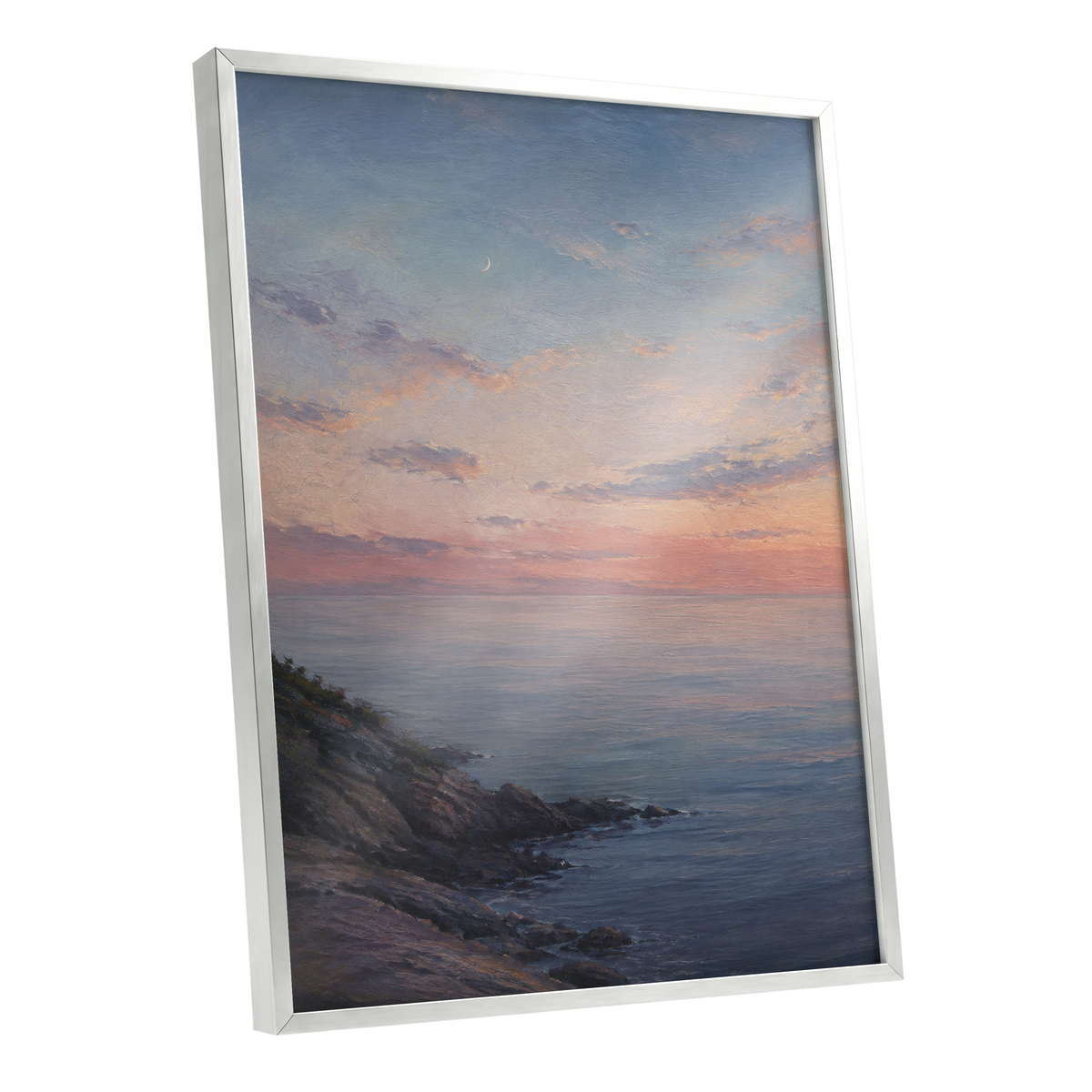 Crescent Over Quiet Waters, blue, pink, orange nature wall art shown as a silver framed poster wall art print