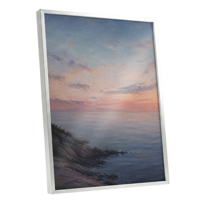 Crescent Over Quiet Waters, blue, pink, orange nature wall art shown as a silver framed poster wall art print