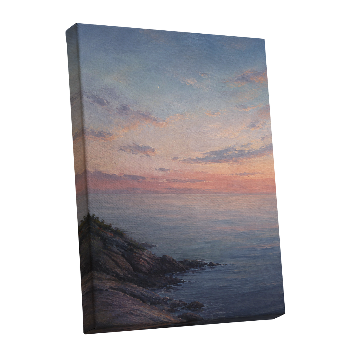Crescent Over Quiet Waters, blue, pink, orange nature wall art shown as a stretched canvas wall art