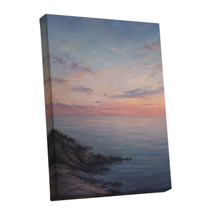 Crescent Over Quiet Waters, blue, pink, orange nature wall art shown as a stretched canvas wall art