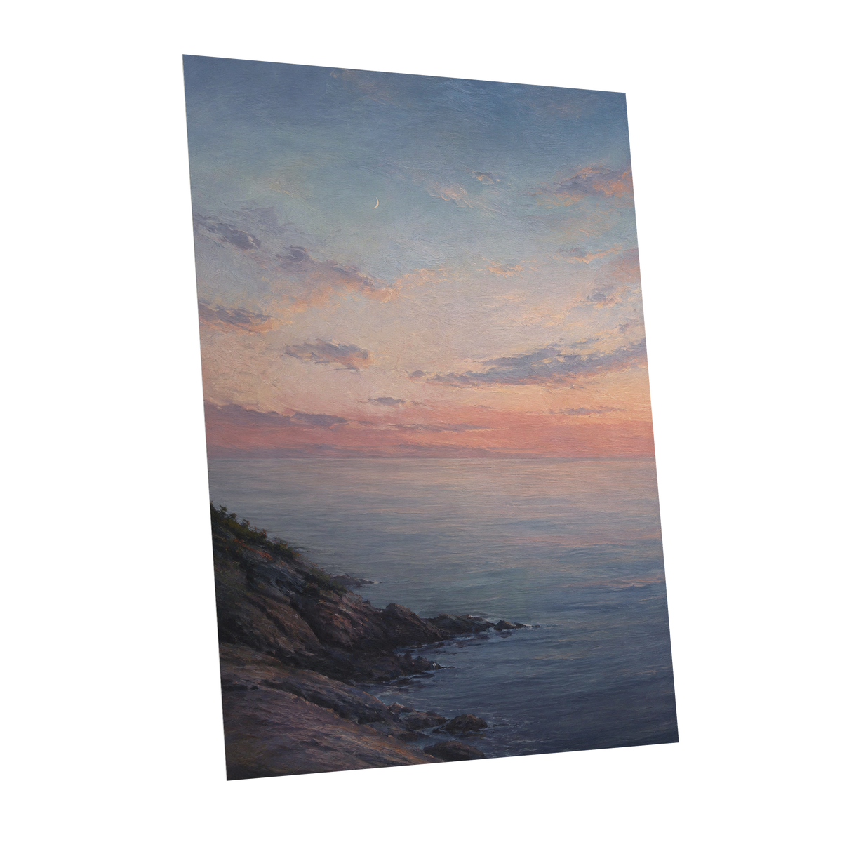 Crescent Over Quiet Waters, blue, pink, orange nature wall art shown as a unframed poster wall art print