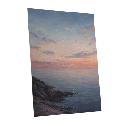 Crescent Over Quiet Waters, blue, pink, orange nature wall art shown as a unframed poster wall art print