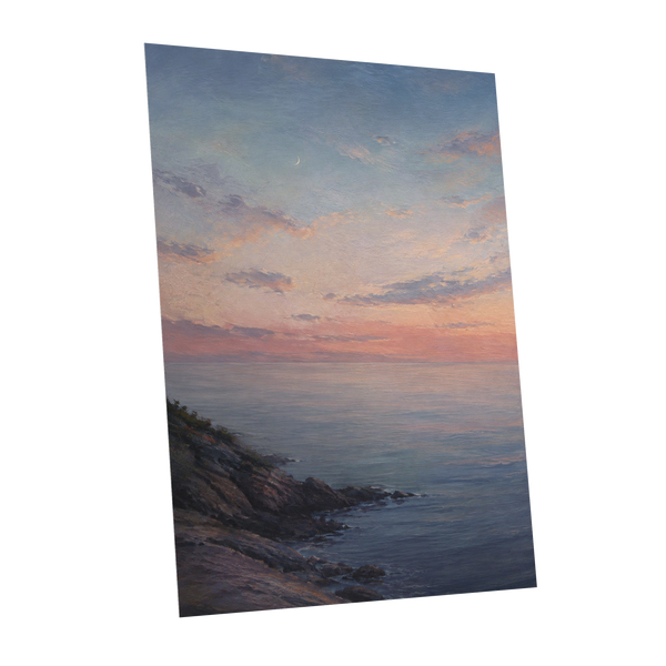Crescent Over Quiet Waters, blue, pink, orange nature wall art shown as a unframed poster wall art print