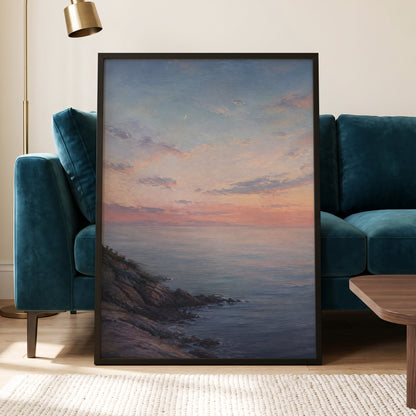 Crescent Over Quiet Waters, blue, pink, orange nature wall art displayed in a styled interior, gallery view 2