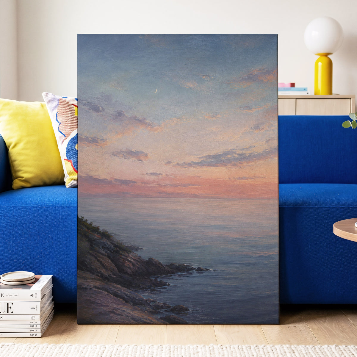 Crescent Over Quiet Waters, blue, pink, orange nature wall art displayed in a styled interior, gallery view 3