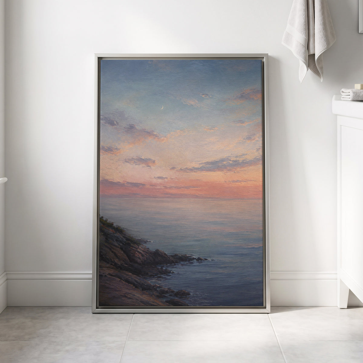 Crescent Over Quiet Waters, blue, pink, orange nature wall art displayed in a styled interior, gallery view 4