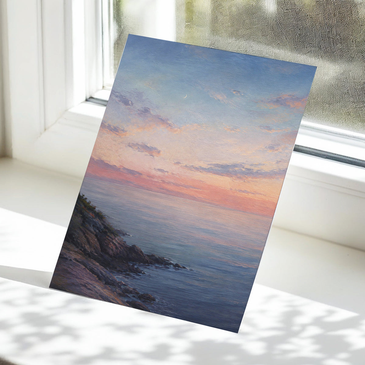 Crescent Over Quiet Waters, blue, pink, orange nature wall art displayed in a styled interior, gallery view 5