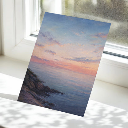 Crescent Over Quiet Waters, blue, pink, orange nature wall art displayed in a styled interior, gallery view 5