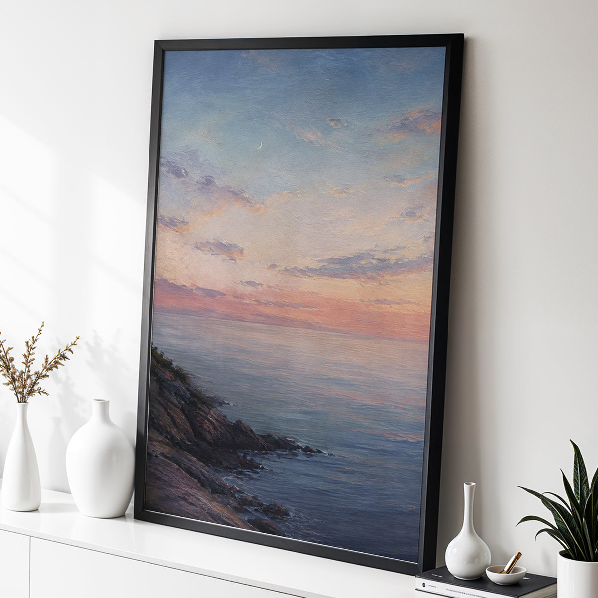 Crescent Over Quiet Waters, blue, pink, orange nature wall art displayed in a styled interior, gallery view 6