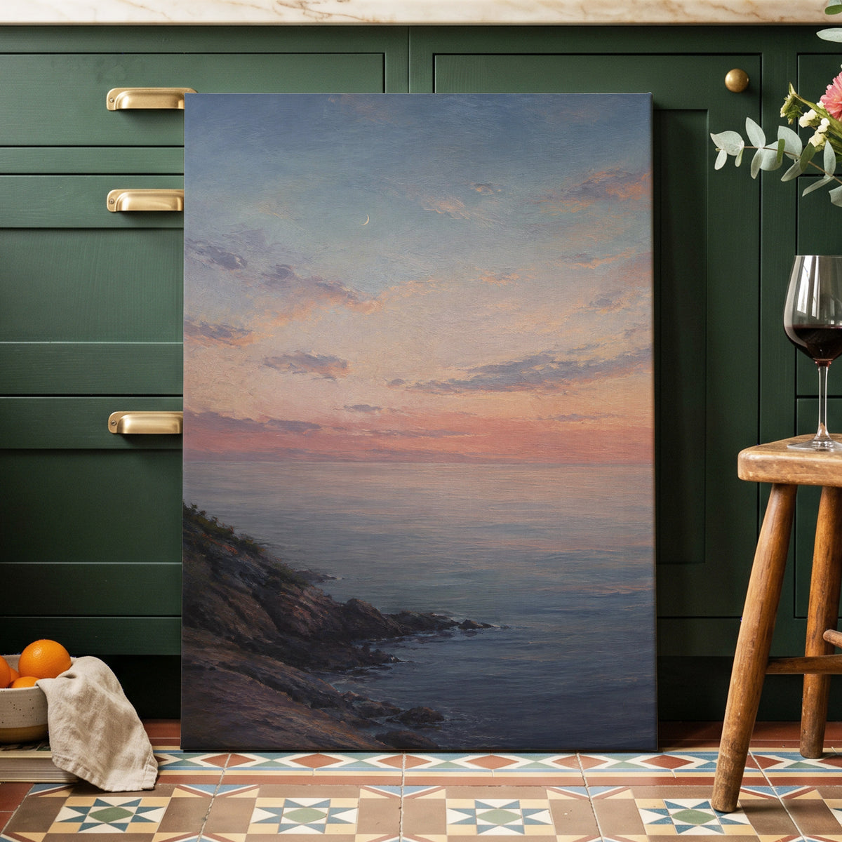 Crescent Over Quiet Waters, blue, pink, orange nature wall art displayed in a styled interior, gallery view 7