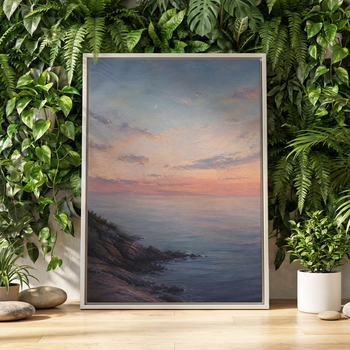 Crescent Over Quiet Waters, blue, pink, orange nature wall art displayed in a styled interior, gallery view 8