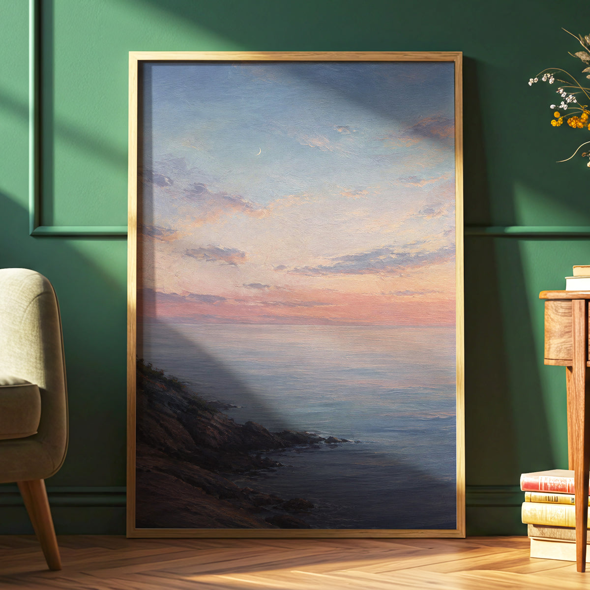 Crescent Over Quiet Waters, blue, pink, orange nature wall art displayed in a styled interior, gallery view 9