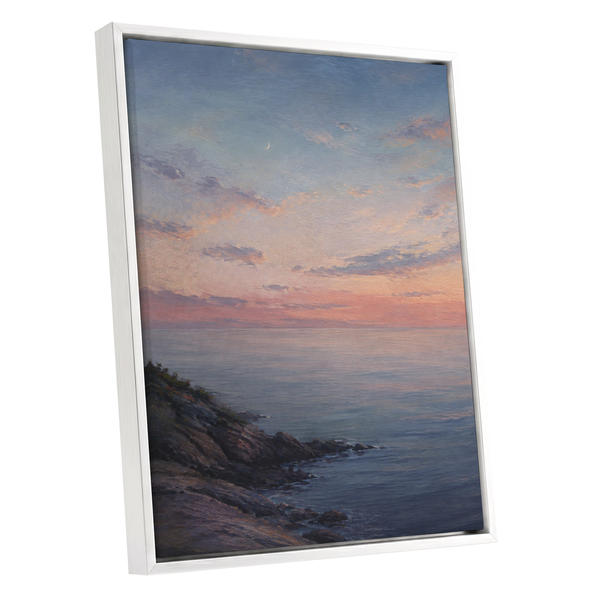 Crescent Over Quiet Waters, blue, pink, orange nature wall art shown as a white framed canvas wall art