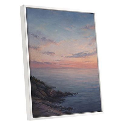 Crescent Over Quiet Waters, blue, pink, orange nature wall art shown as a white framed canvas wall art