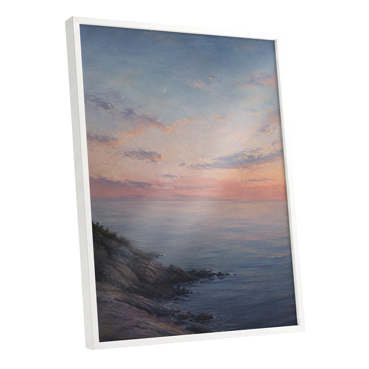 Crescent Over Quiet Waters, blue, pink, orange nature wall art shown as a white framed poster wall art print