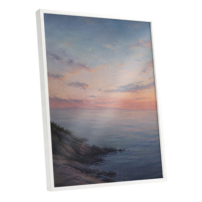 Crescent Over Quiet Waters, blue, pink, orange nature wall art shown as a white framed poster wall art print