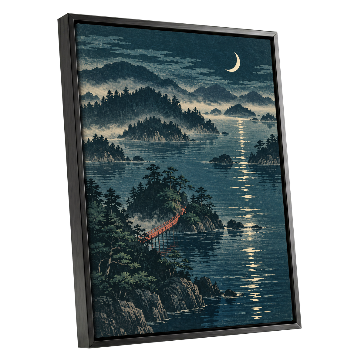 Crescent over Still Waters, blue, green, beige nature wall art shown as a black framed canvas wall art