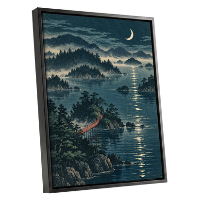 Crescent over Still Waters, blue, green, beige nature wall art shown as a black framed canvas wall art
